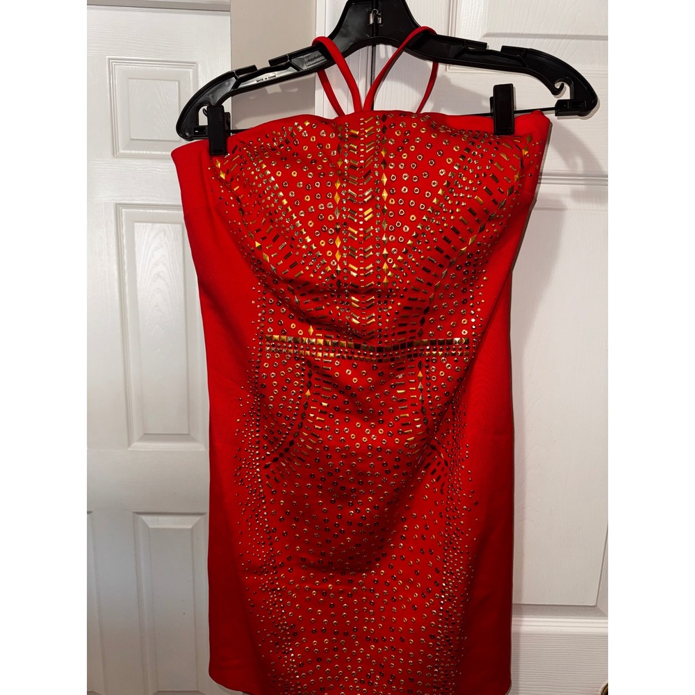 Cache Red Strapless Studded Embellished Bodycon Cocktail Dress Size 12 - Picture 6 of 8